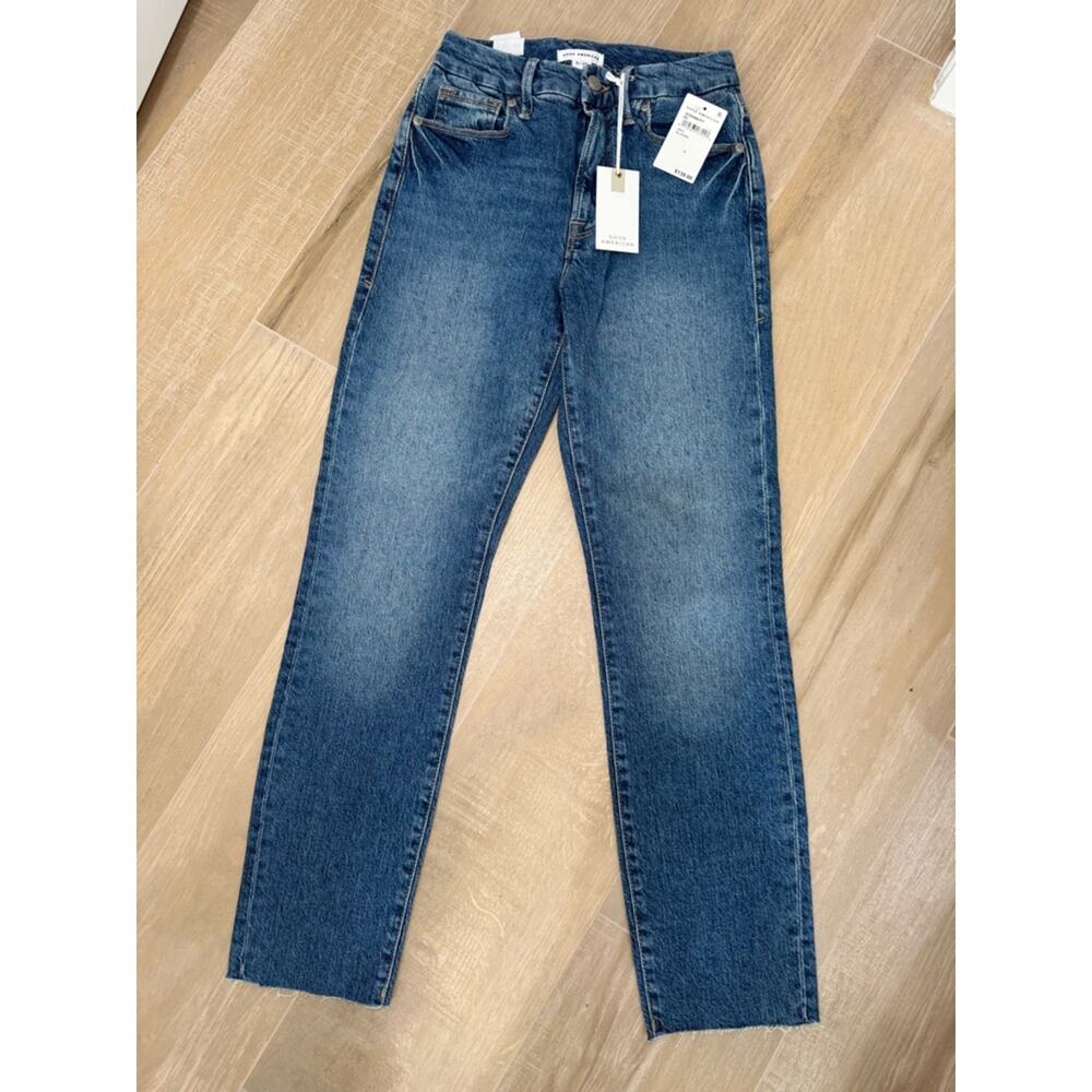 Good American Good Classic Raw Hem Jeans NWT Blue940 High Rise Slim Size 0 NWT